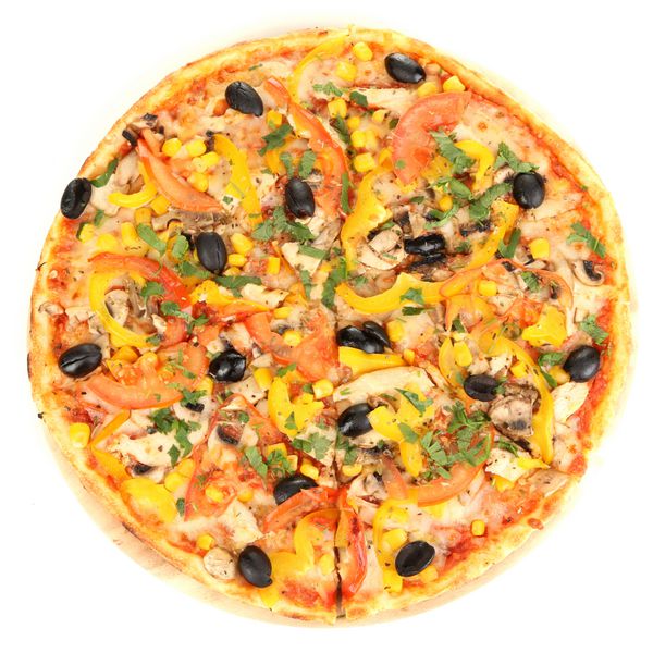 پیتزای خوشمزه با سبزیجات مرغ و زیتون جدا شده