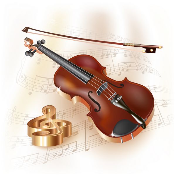 ویولن کلاسیک در زمینه سفید با نت های موسیقی