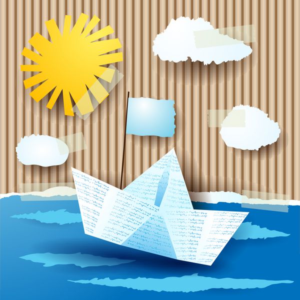 منظره دریایی با قایق کاغذی کلاژ