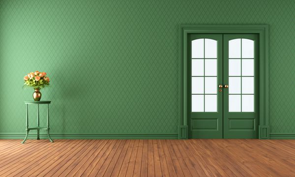 اتاق نشیمن خالی سبز با درب کشویی