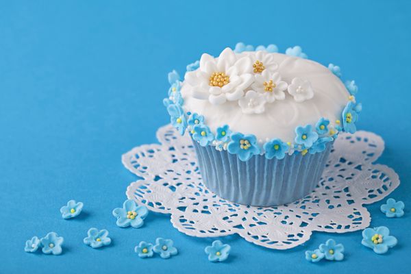 کیک کوچک با گل های سفید و آبی
