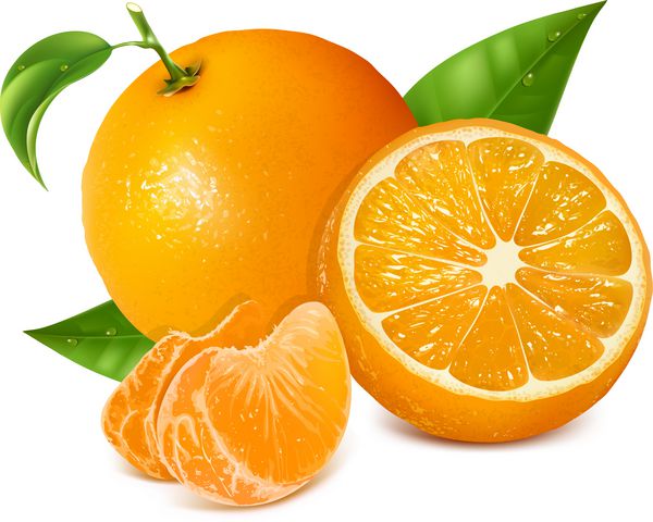 میوه های پرتقال تازه با برگ ها و برش های سبز