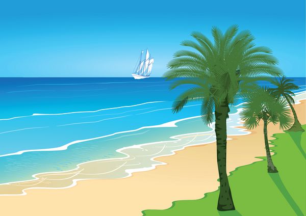 Strand mit Palmen und Segelschiff