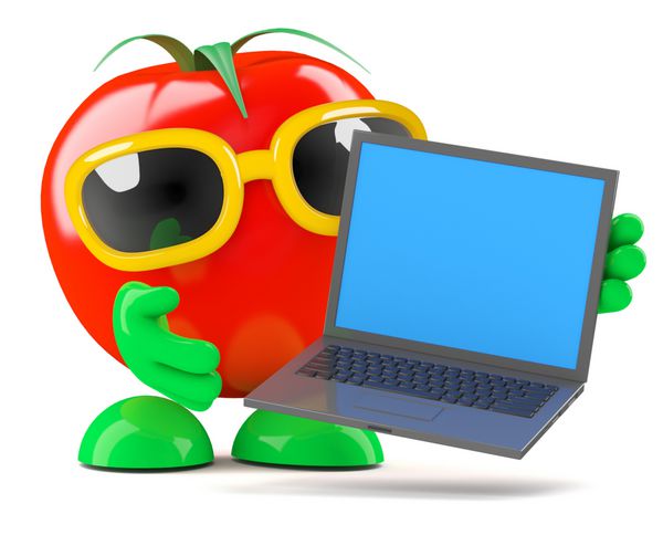 گوجه فرنگی لپ تاپ جدیدش را بررسی می کند