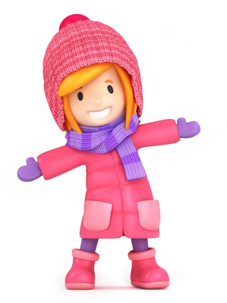 رندر سه بعدی دختری شاد که لباس زمستانی پوشیده است