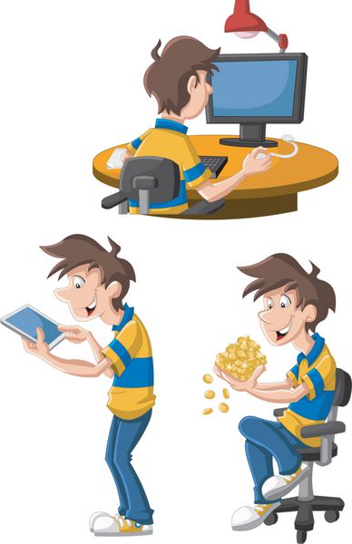 مرد کارتونی با استفاده از رایانه و تبلت