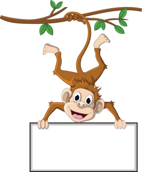 میمون کارتونی خنده دار که تابلوی خالی در دست دارد برای شما طراحی کنید