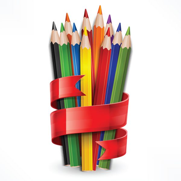 مداد رنگی چوبی گره خورده با روبان قرمز روی سفید وکتور