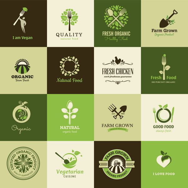 مجموعه ای از نمادها برای غذاهای ارگانیک و رستوران ها