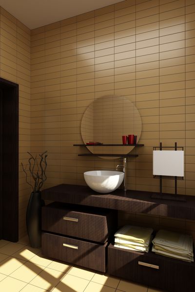 حمام به سبک ژاپنی با کاشی های قهوه ای