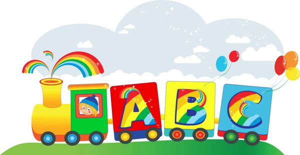 پسر کارتونی در قطار رنگی با حرف ABC