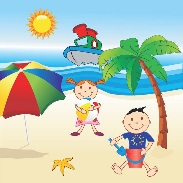 کودکان در ساحل با چتر