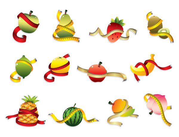 مجموعه ای از میوه های تازه و نماد سلامت خط کش