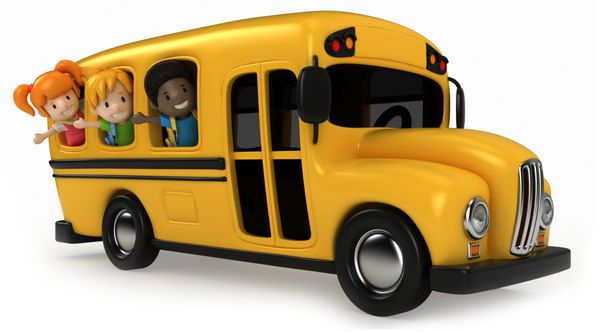 رندر سه بعدی اتوبوس مدرسه سواری کودکان