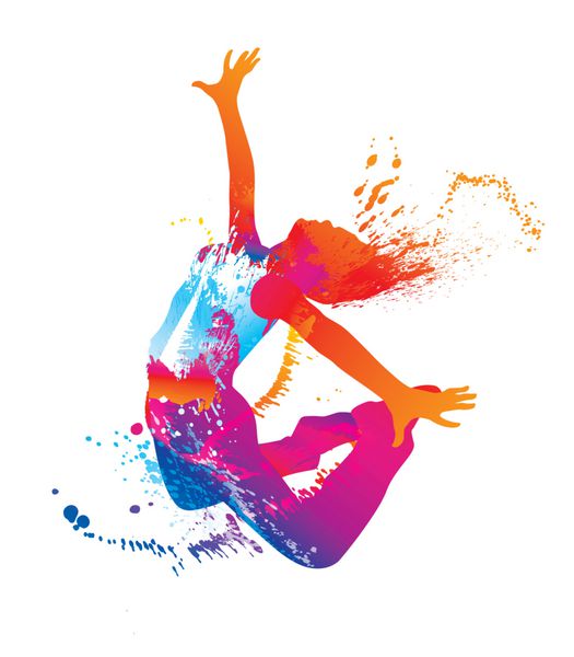 دختر رقصنده با لکه های رنگارنگ و پاشیدن به رنگ سفید