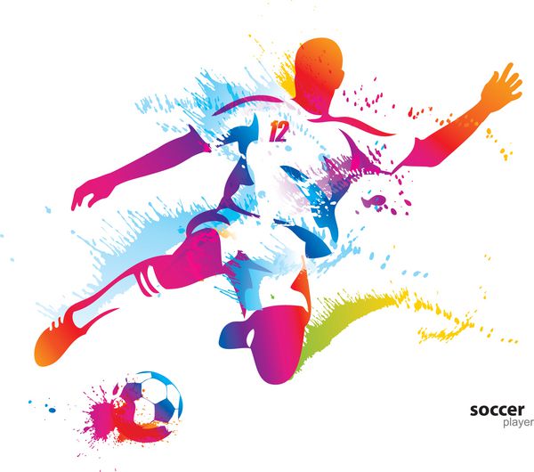 بازیکن فوتبال به توپ ضربه می زند وکتور رنگارنگ