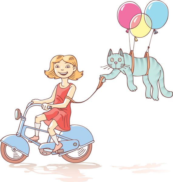 دختر با گربه در حال دوچرخه سواری است