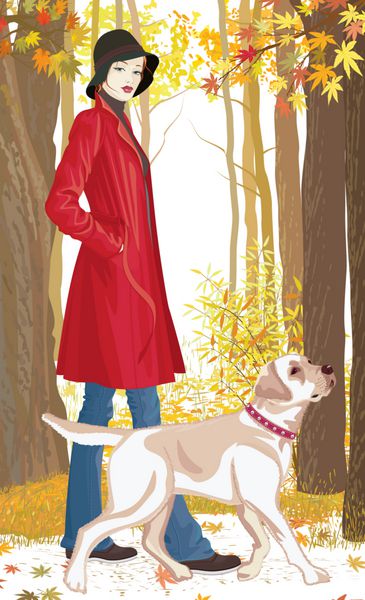 زن با سگ در حال قدم زدن در پارک