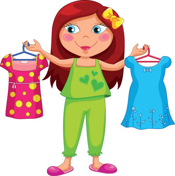 دختری که لباس های مختلف در دست دارد