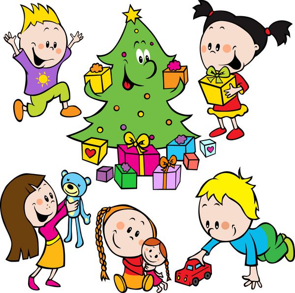 کودکان در حال بازی با اسباب بازی ها و درخت کریسمس در حال توزیع هدایا