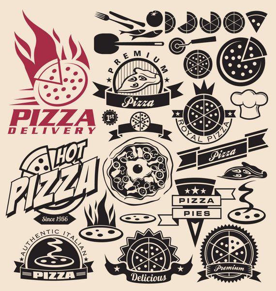 آیکون های پیتزا برچسب ها علائم طرح های لوگو و عناصر طراحی