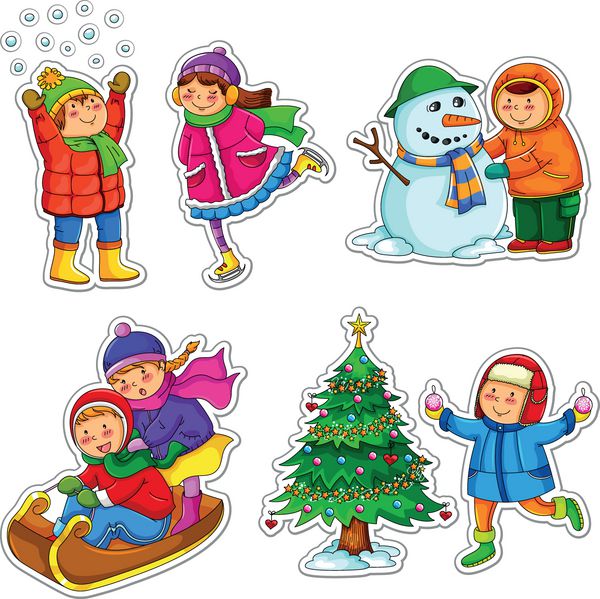 مجموعه ای از بچه های شاد که از زمستان لذت می برند