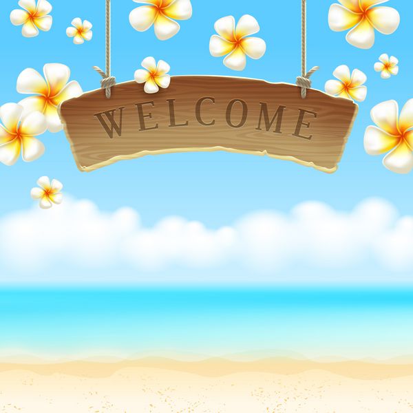 تابلوی چوبی از گل های استوایی در ساحل استقبال کنید