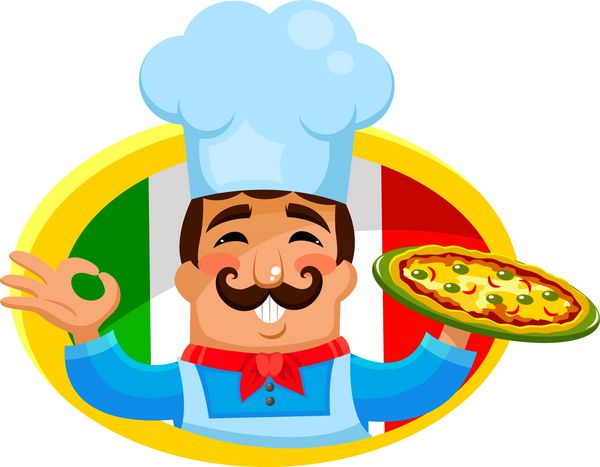 سرآشپز ایتالیایی که یک بشقاب پیتزا در دست دارد