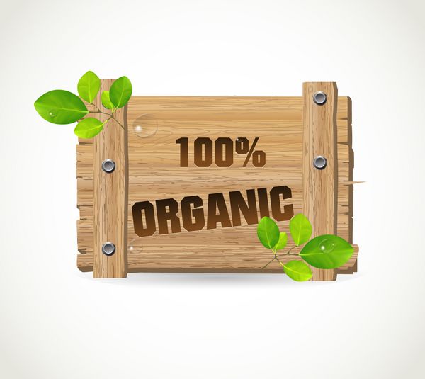 100٪ ارگانیک - نماد زیستی چوبی با برگ و قطرات آب