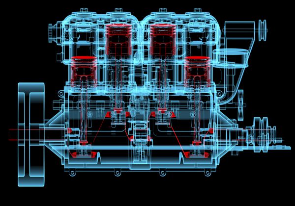 موتور احتراق داخلی 3D xray قرمز و آبی شفاف