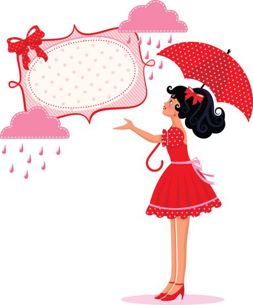 دختری با چتر زیر قاب با ابرها و قطرات باران