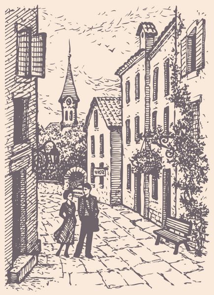 وکتور منظره شهری زوج جوانی که در خیابان قدیمی قدم می زنند
