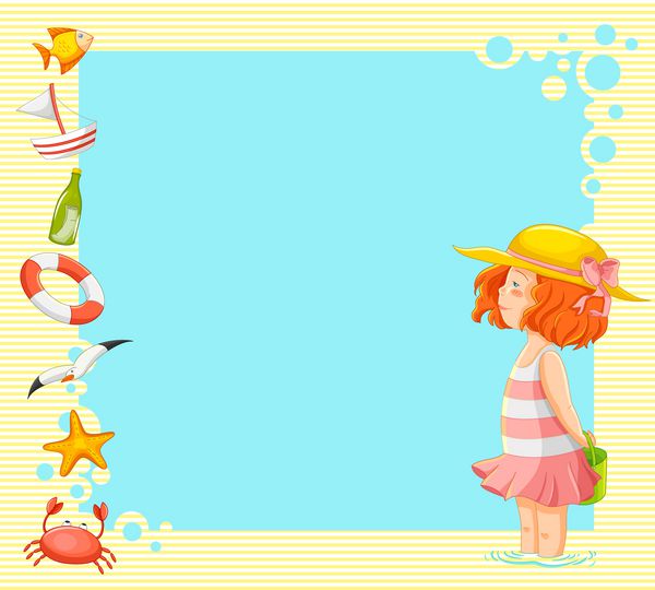 دختر کوچک و نمادهای تابستانی روی پس زمینه خالی