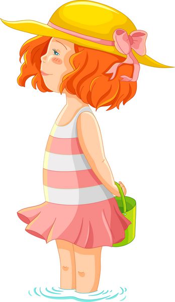 دختر کوچک با لباس تابستانی ایستاده در آب