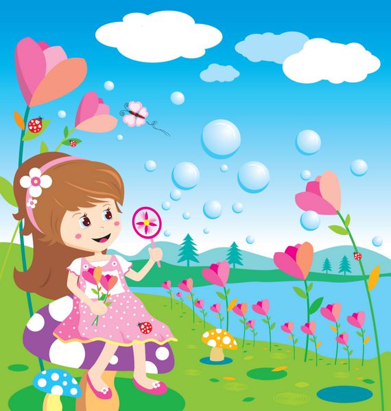 دختری که در باغ گل ها حباب می دمد