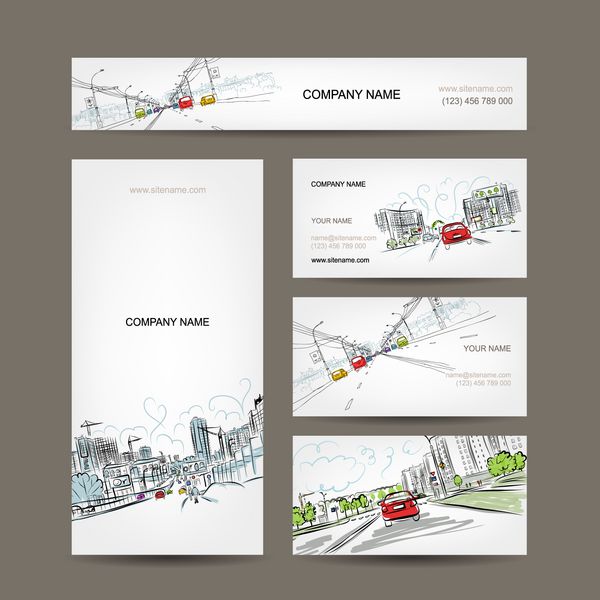 مجموعه کارت های ویزیت ماشین هایی در جاده های شهری برای طراحی شما