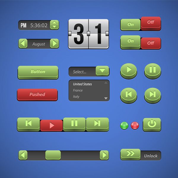 دکمه های برجسته سبز و قرمز رابط کاربری عناصر وب را کنترل می کند