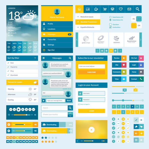 مجموعه ای از عناصر وب تخت برای اپلیکیشن موبایل و طراحی وب