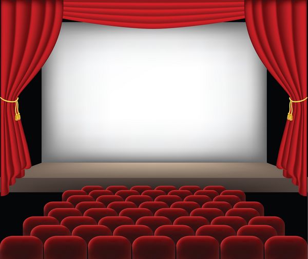 سالن سینما با صندلی های قرمز و پرده ها