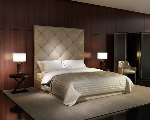 اتاق خواب لوکس مینیمال سفید با کف چوبی قدیمی