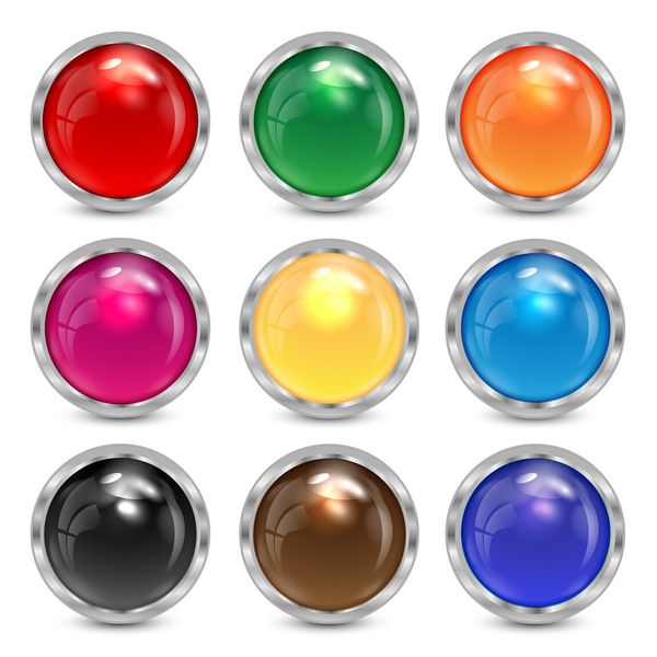 دکمه های شیشه ای چند رنگ را در یک قاب نقره ای تنظیم کنید دکمه رنگارنگ