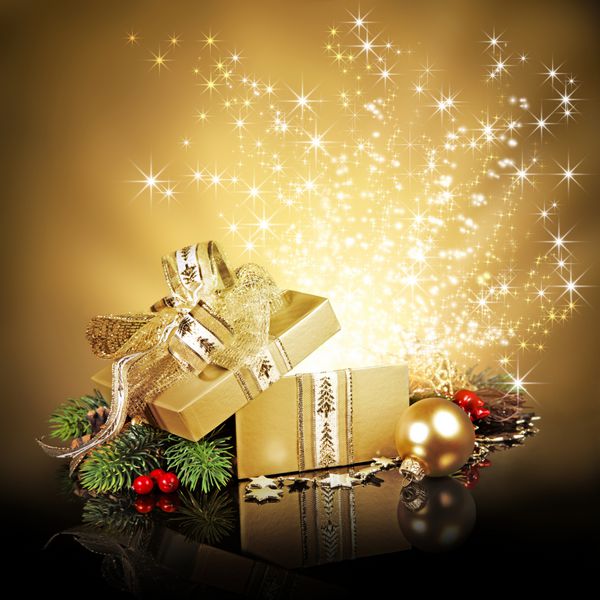 جعبه هدیه سورپرایز کریسمس در حال انفجار با زرق و برق و ستاره