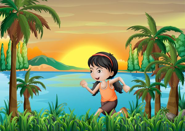 دختری در حال دویدن در نزدیکی دریاچه