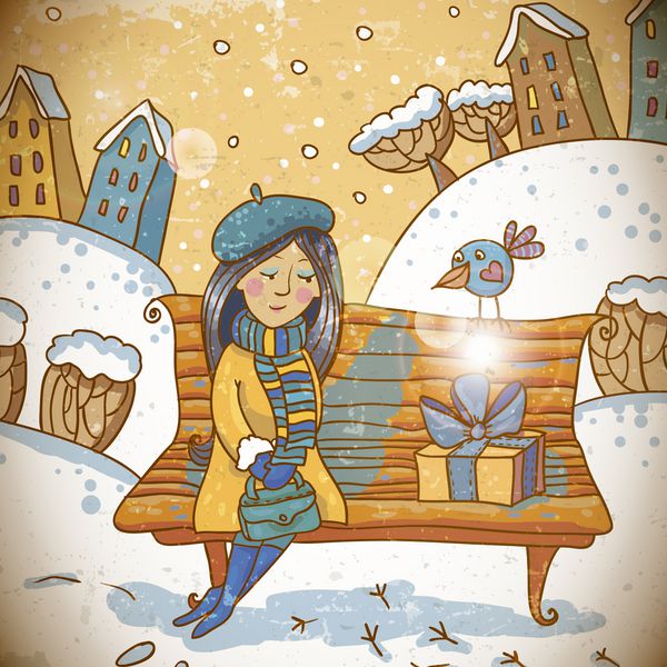 دختر با یک هدیه در زمینه زمستانی