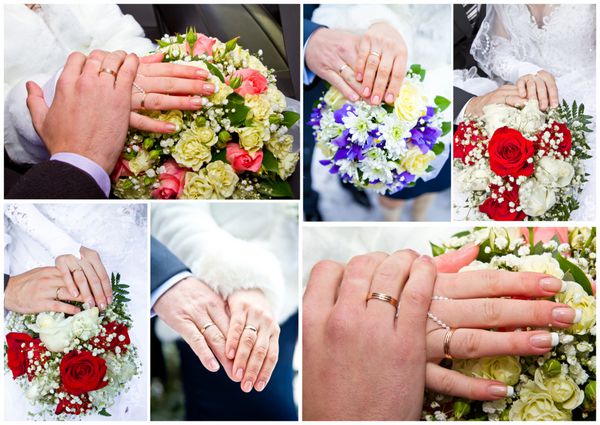 دستان زوج کلاژ و دسته گل عروسی