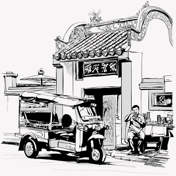 راننده توک توک در حال غذا خوردن در درب معبد چینی در بانکوک