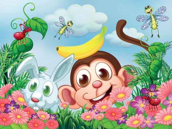 یک میمون و یک خرگوش در باغ با حشرات