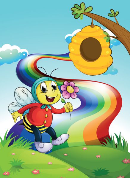زنبوری خندان که گلی را در بالای تپه با رنگین کمان در دست گرفته است