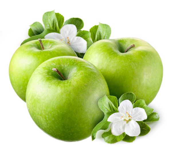سیب سبز با برگ و گل در پس زمینه سفید