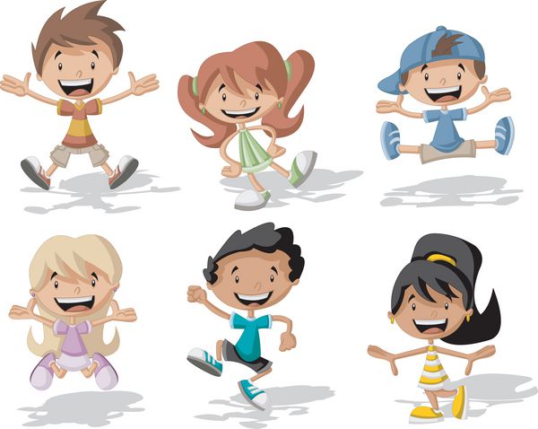 گروهی از بچه های کارتونی شاد در حال پریدن